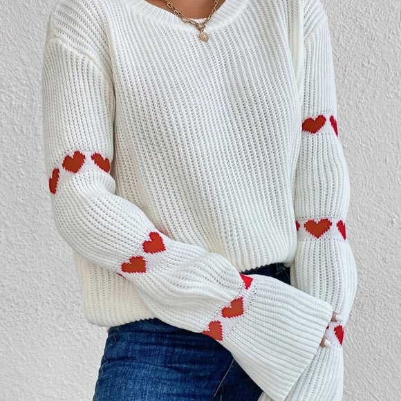 White Preppy Womens Heart Pattern Flounce Sleeve Sweater - Picture 3 of 5